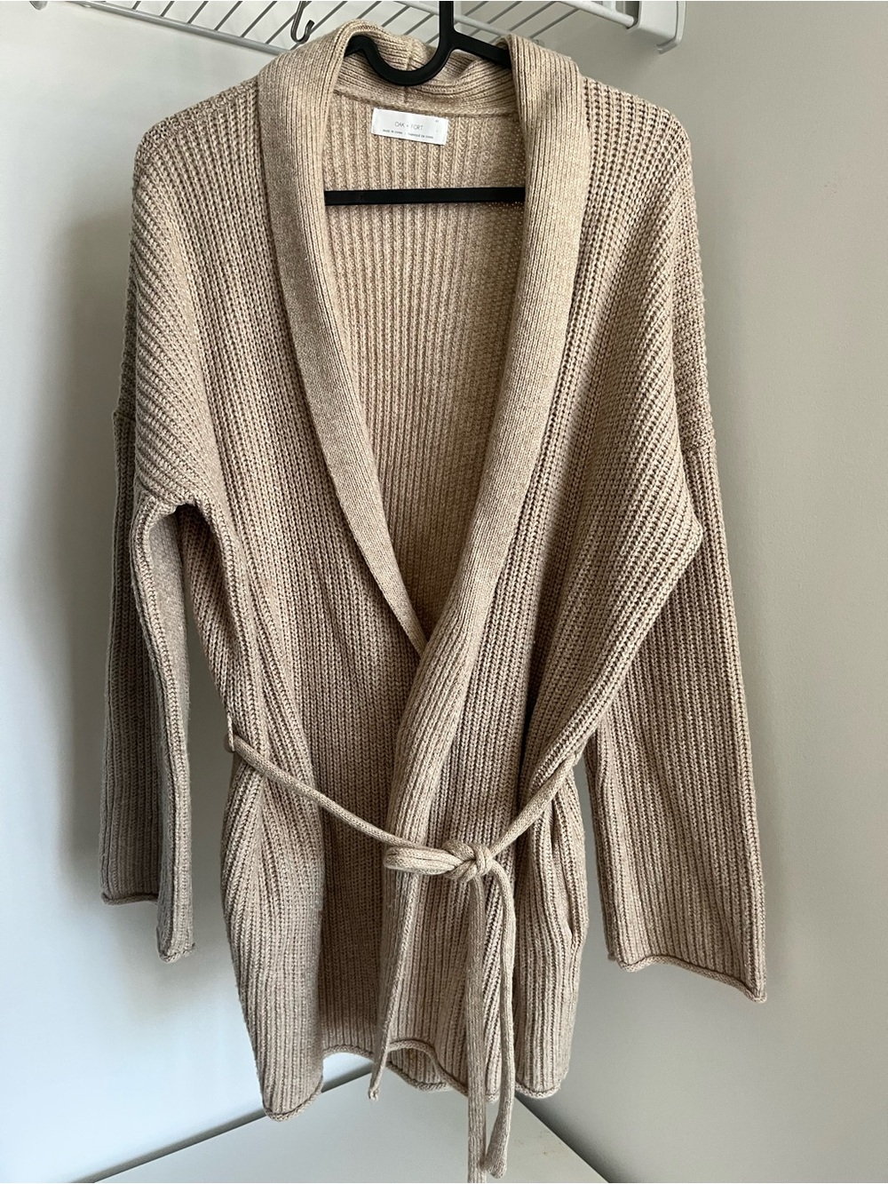 OAK + FORT Ribbed Shawl-Collar Belted Cardigan - Taupe